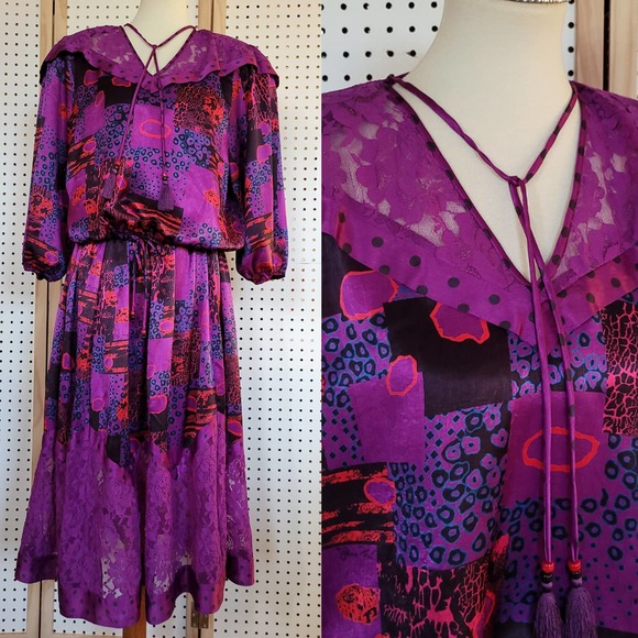 -Vintage Diane Freis Silk 2 Piece Dress Purple Red - Picture 1 of 16